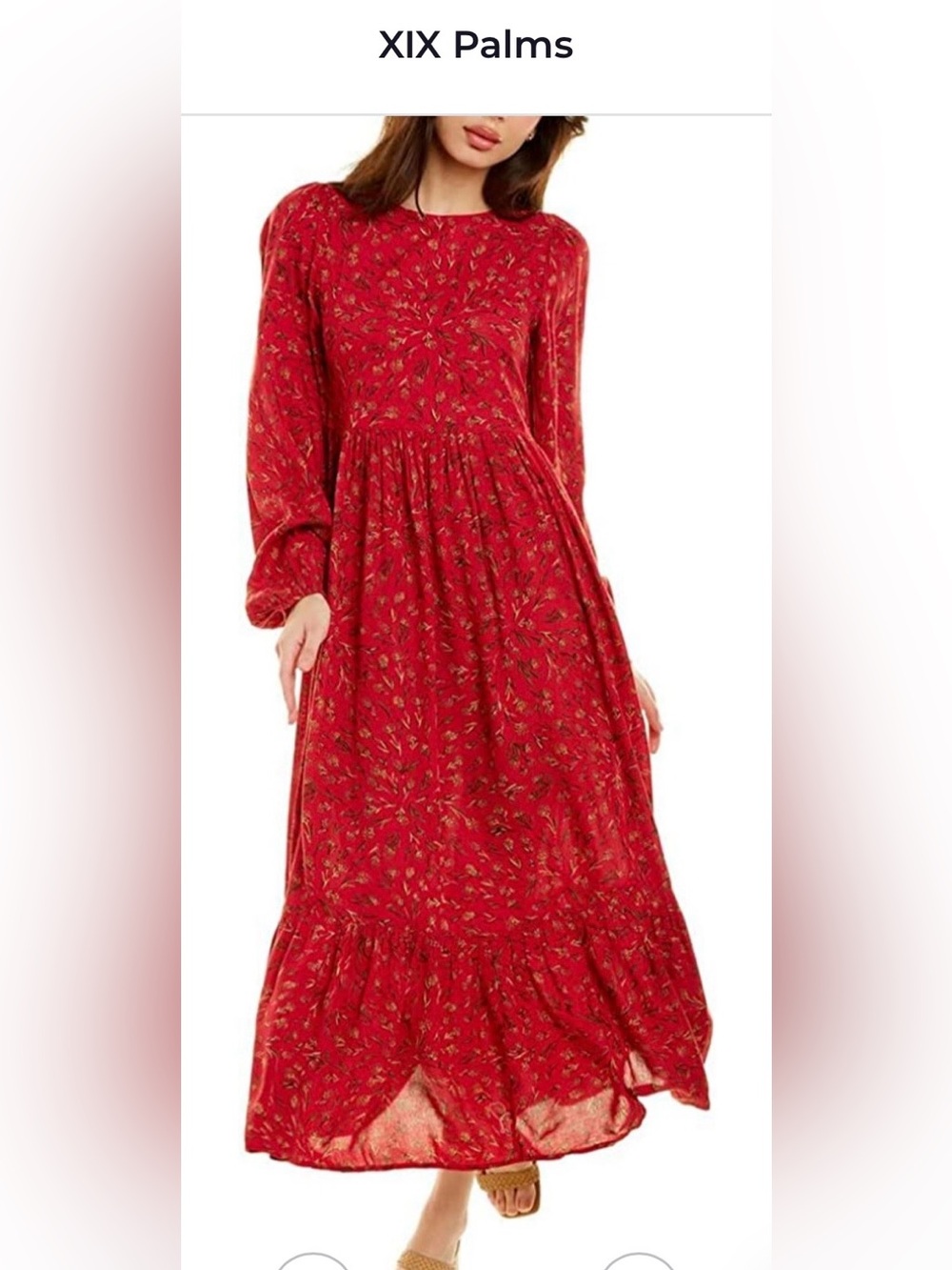 XIX Palms Aberdeen Country Red Floral Midi Dress with Long Sleeves - Sz Large!